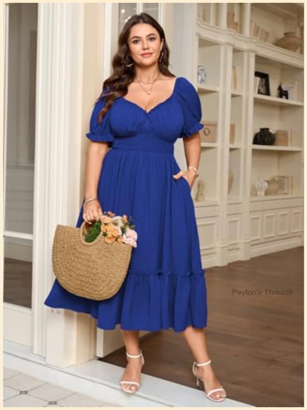 Plus Size Maxi Dress Sweetheart Neck Smocked Empire Waist Tiered A-Line Pockets - Picture 4 of 7